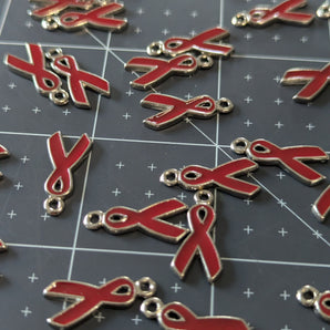 10pc Red Awareness Ribbon Pewter Enamel Charms