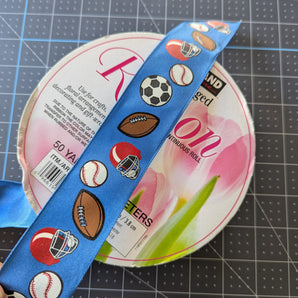 Blue Kirkland Wire-Edged Ribbon with Sports Motif